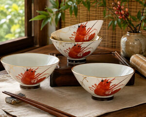 Vintage Chinese Porcelain Shrimp Bowls Set 4 Hand Painted Prawn Gold Footed